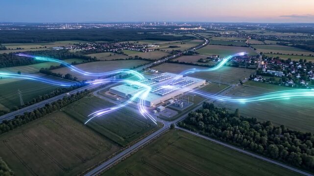 Glowing lines radiate smoothly from a data center, symbolizing computing power and information exchange. Cloud server concept.