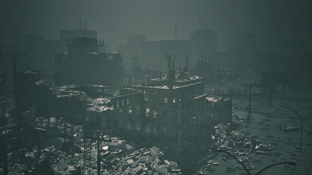 Greenish industrial ruin under heavy smog, rusted cranes looming over polluted shoreline, stagnant water with oily sheen, surveillance drone mapping