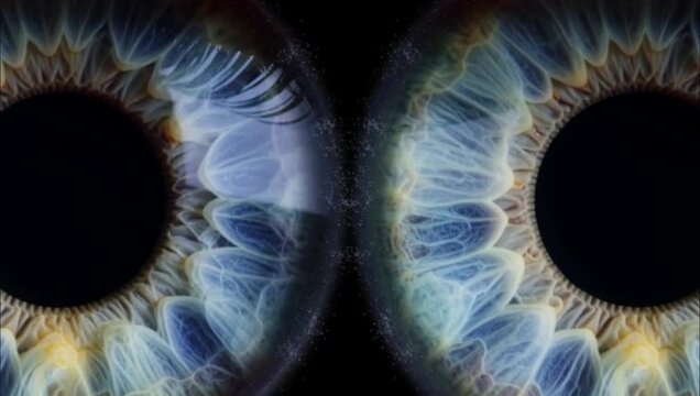 Extreme close up macro photography of two human blue irises side by side.
