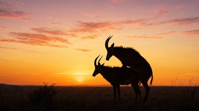 Sable Antelopes mating at African sunset, silhouette of wild animals copulating in savanna during golden hour