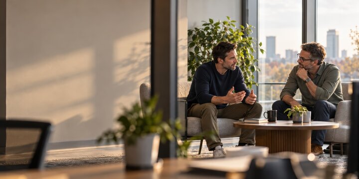 Male Colleagues Having a Supportive Conversation About Work Stress