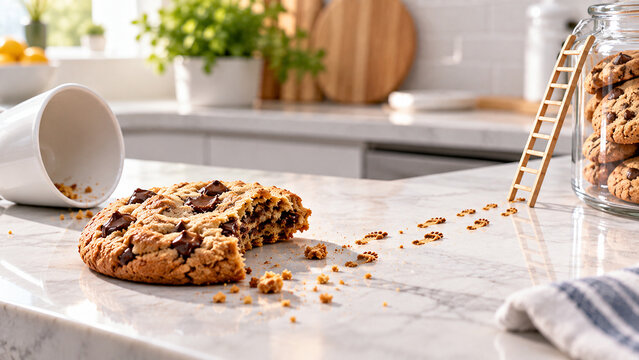 Cookie escaping from overturned jar leaving trail of crumbs