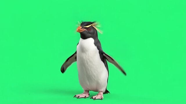 Northern rockhopper penguin on green screen background.