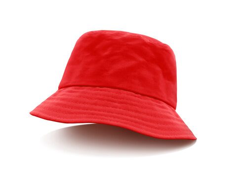 Red bucket hat plain fisherman cap isolated on white background with shadow.