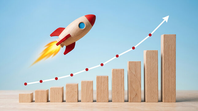 Wooden rocket blasting off over ascending bar graph blocks, symbolizing growth, success, and positive trend, ideal for business or finance themes