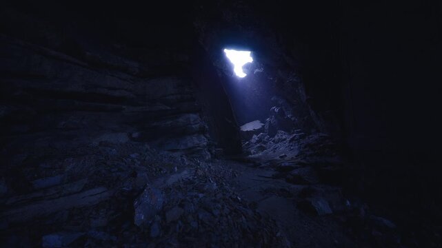 Blue lit cavern arch with distant glow, towering pillars and crumbling masonry framing narrow pathway, textured rubble and deep shadows create eerie cinematic