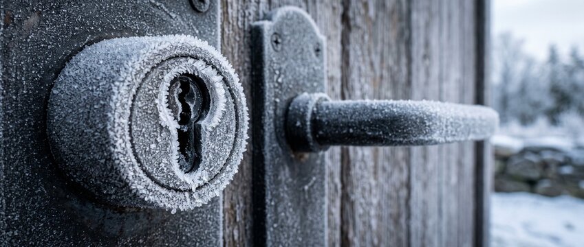 Door lock frozen in cold weather captured at eye level with an ice crust rimming the keyway, a real life close up of a front door lock frozen shut representing a cold snap stopping the morning routine