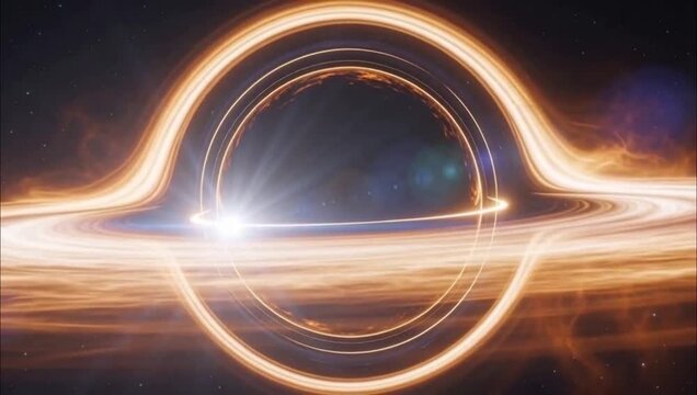 A massive black hole with a glowing accretion disk in deep space.