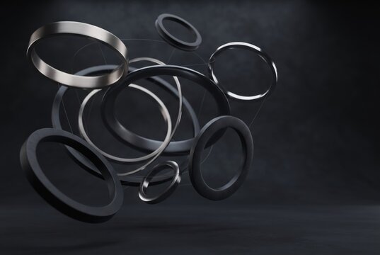 Abstract rings 3D render, geometric metallic circles floating on dark background, modern technology concept