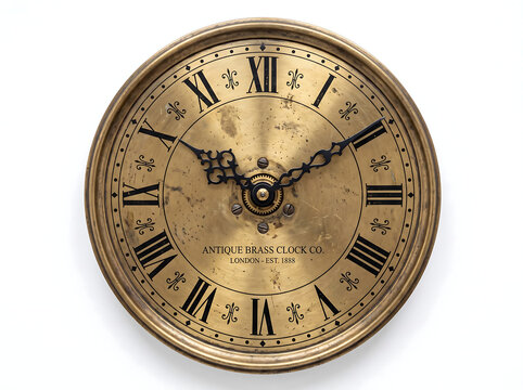 Vintage Antique Brass Clock Face with Roman Numerals Isolated on White Background