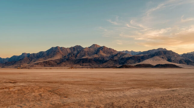 Panoramic view of rocky mountains in a vast dry desert landscape under a clear blue sky. AI generated
