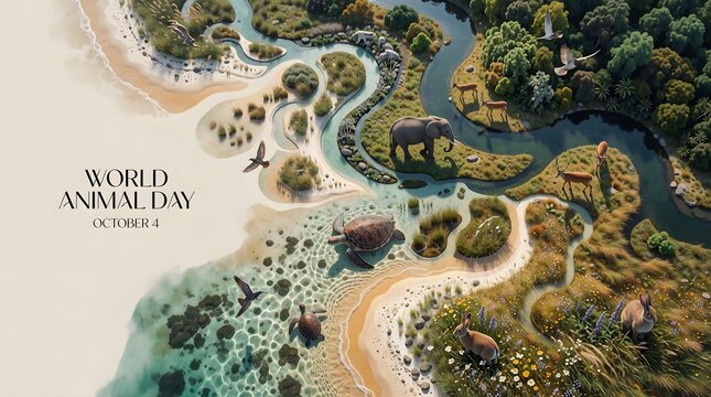 World Animal Day poster with wildlife habitats from coast to forest