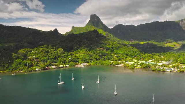 Aerial view of Cook's Bay, Moorea, turquoise water and dozens of sailboats anchored beneath lush green mountains, evoking serene tropical sailing and travel getaway to French Polynesia. Drone flight