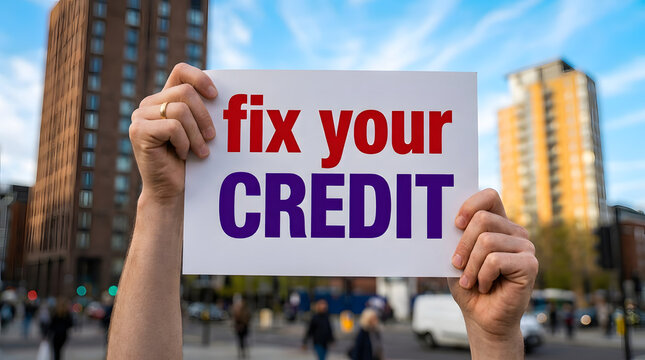 Person holding sign urging credit improvement in urban environment