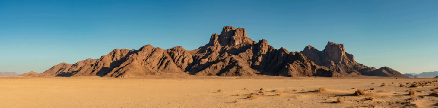 Panoramic view of rocky mountains in a vast dry desert landscape under a clear blue sky. AI generated