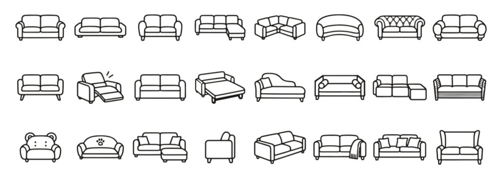 Sofas and couches line icon set. Sectional, recliner, loveseat, chaise and sofa bed linear vector illustration. Outline doodle signs for furniture, living room decor, upholstery and interior design.