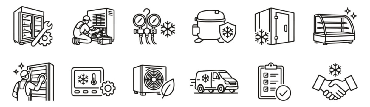 Commercial refrigeration line icon set. Cooler repair, compressor and temperature control linear vector illustration. Outline signs for cold storage, equipment maintenance and temperature monitoring.