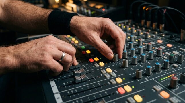 A close up view of a sound engineer adjusting audio knobs and faders on a large mixing console during a music production session inside a professional recording studio