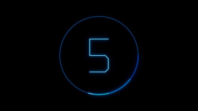 Digital countdown timer icon set featuring glowing blue neon numbers inside a circular frame on a dark black background