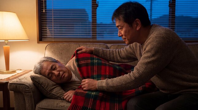 elderly care caregiver senior sleeping blanket comfort home support family as a devoted family caregiver gently covers a resting older woman on a sofa for compassionate senior support campaigns