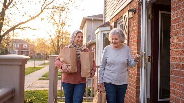 elderly care groceries caregiver senior shopping assistance home support woman as a helpful woman carries grocery bags and accompanies an older woman to her front door for elderly care marketing