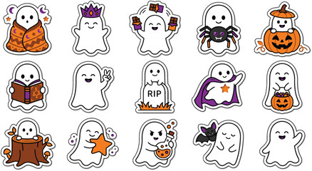 Fototapeta premium Halloween cartoon ghosts and spooky characters celebrating festive season with copy space for text