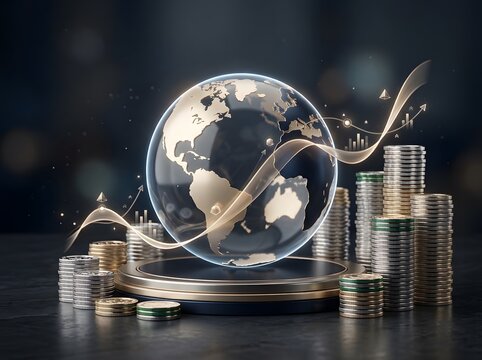 Global finance and economic growth concept with world globe and stacked coins