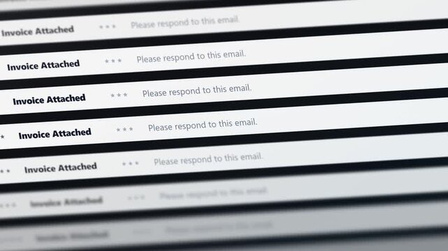Email inbox interface showing invoice attached and please respond to this email text in a digital business message list