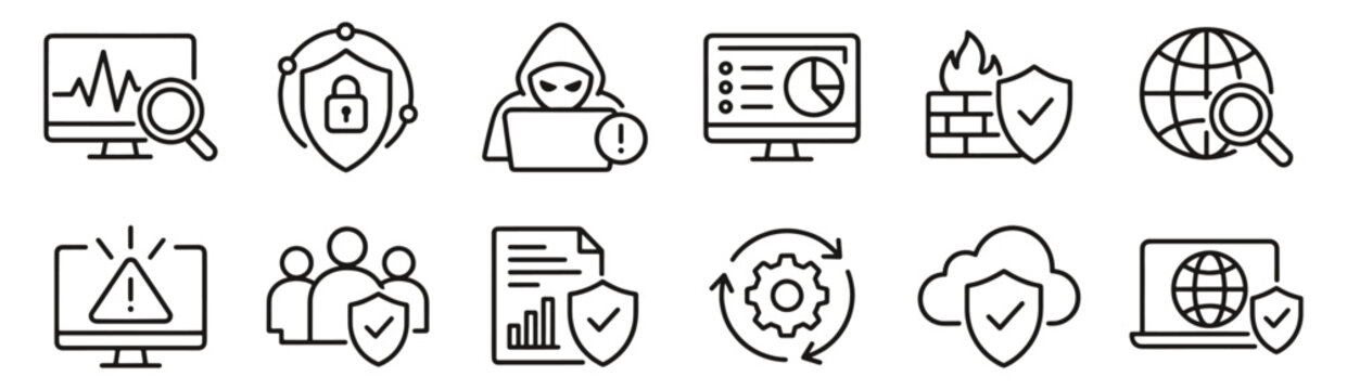 Cybersecurity line icon set. Threat detection, firewall, monitoring and cloud protection linear vector illustration. Outline signs for network defense, incident response and security audits.