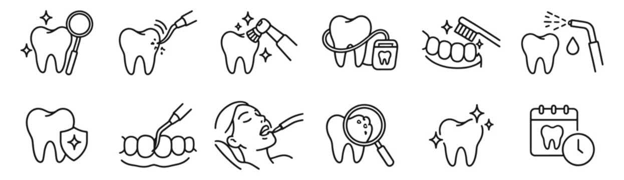 Dental hygiene line icon set. Tooth cleaning, scaling, polishing and flossing linear vector illustration. Outline signs for oral care, plaque removal, gum health and cavity prevention and checkups.