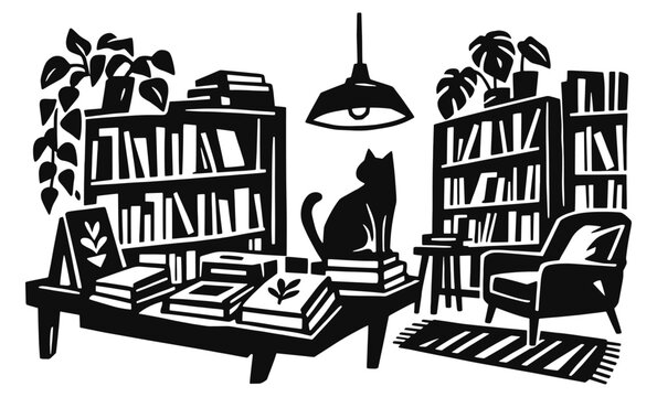 Cozy bookstore linocut illustration. Cat beside book stacks, shelves, armchair, hanging lamp and potted plants in reading interior. Hand drawn black vector artwork with vintage woodcut print style.
