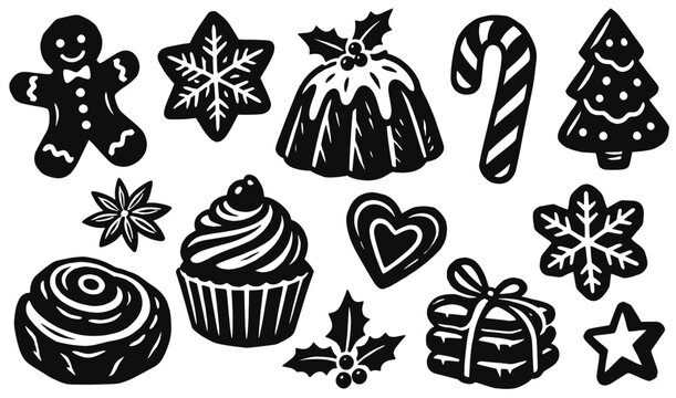 Christmas sweets linocut icon set. Gingerbread, pudding, candy cane, cupcake, cinnamon roll and snowflake cookies. Hand drawn black vector illustration in vintage woodcut print style.