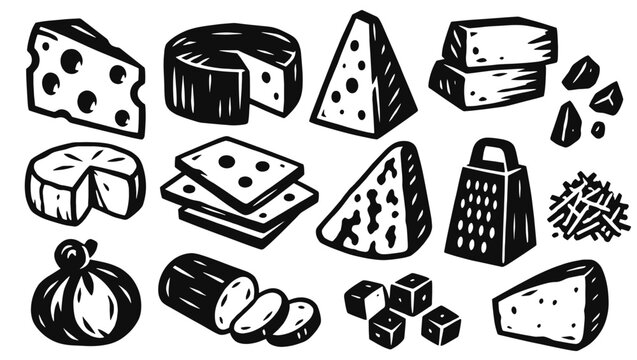 Cheese linocut icon set. Dairy wedges, round wheels, sliced blocks, soft varieties, grated shreds and kitchen grater. Hand drawn black vector illustration in vintage woodcut print style.