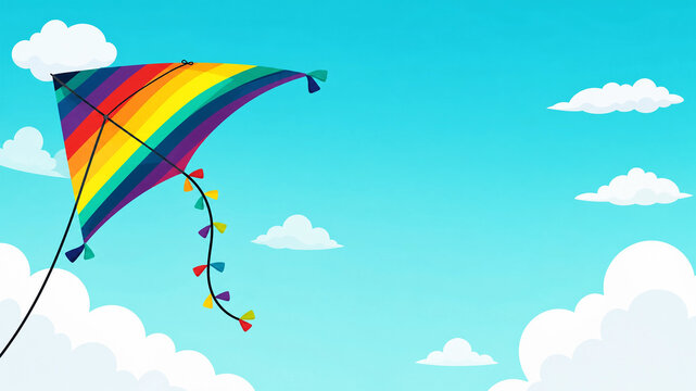 Colorful Rainbow Kite Flying in Blue Sky with White Clouds