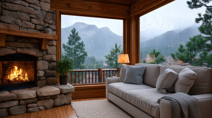 Fototapeta premium Cozy mountain cabin living room with fireplace, large windows, rainy weather, soft sofa, and scenic view