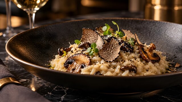 Gourmet black truffle risotto with wild mushrooms, elegant fine dining Italian cuisine, luxury restaurant dinner served in a dark ceramic bowl