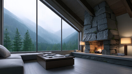 Fototapeta premium Luxury mountain cabin with panoramic window, stone fireplace, cozy sofa, wooden floor, serene forest view
