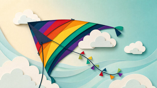 Colorful Rainbow Kite Flying in Blue Sky with White Clouds