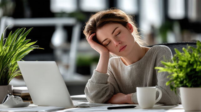 Tired woman sleeping at desk office fatigue stress exhaustion workplace laptop coffee cup