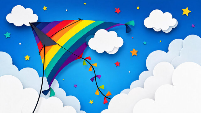Colorful Rainbow Kite Flying in Blue Sky with White Clouds