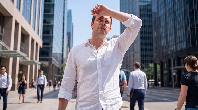 heatwave hot weather man city sunlight summer exhaustion discomfort urban Tired man wipes his forehead beneath intense midday sun for overheating prevention climate warning and public health themes