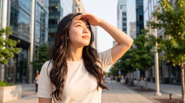 heatwave summer hot weather woman city sunlight shielding eyes discomfort Young Asian woman shades her face on a bright urban street for extreme temperature wellness and sun protection campaigns