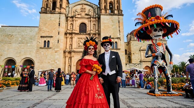 A couple in elaborate Day of the Dead attire stands before a historic church in Oaxaca