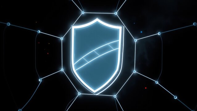 Bright shield icon glows against dark background. Connected lines form network around central security symbol. Futuristic design.