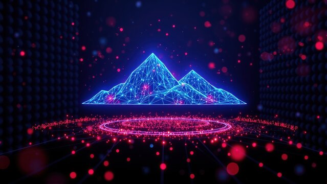 Abstract mountains formed using glowing blue lines. Red dots create circular pattern, dark background enhances visual impact.