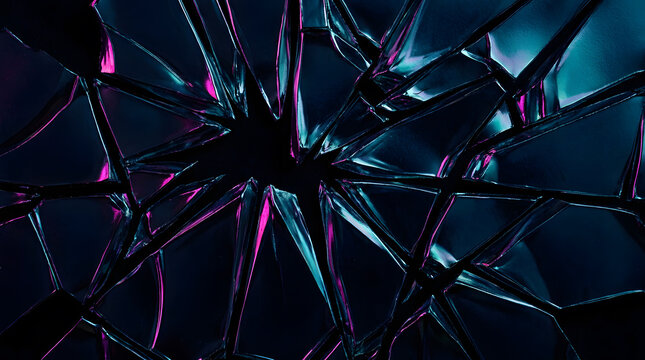 Abstract shattered glass background with neon lighting | Dark aesthetic broken mirror shards wallpaper | Cyberpunk style cracked glass texture | Synthwave pink and blue light on broken surface