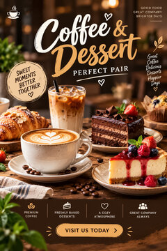 Assorted gourmet desserts and coffee drinks arranged on a rustic wooden table for a cozy cafe presentation with cheesecake croissant cappuccino chocolate refreshment International coffee day