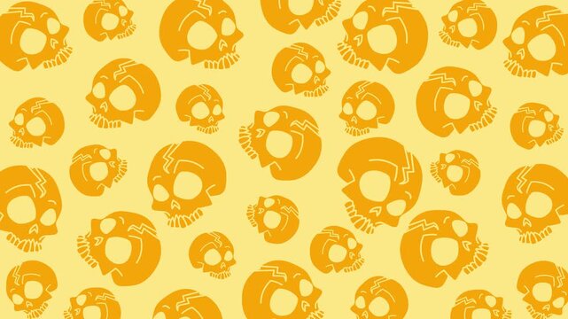 Stylized orange skull seamless pattern animation on yellow background