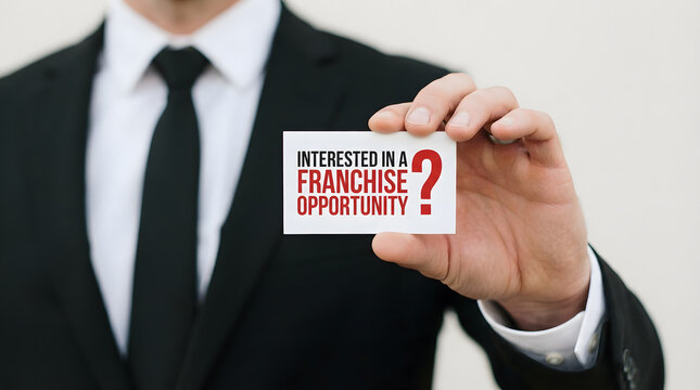 Professional holding business inquiry card about franchise opportunity