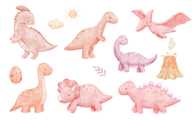 Cute cartoon pink dinosaurs set, watercolour isolated girly illustrations for kids. Adorable dino characters, egg and volcano for nursery decor © Elena